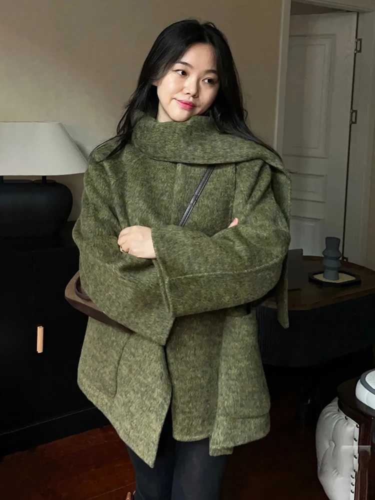 DEAT Fashion Green Scarf Double Side Woolen Coat Womens Loose Covered Button Long Sleeves Blends Coats Autumn NewT251224