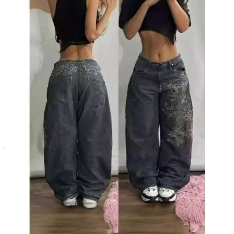 2025 Unisex Streetwear Hip Hop Baggy Straight-Leg Jeans Washed Blue Embroidered Spliced Distressed Cargo Pants Casual Denim X251224