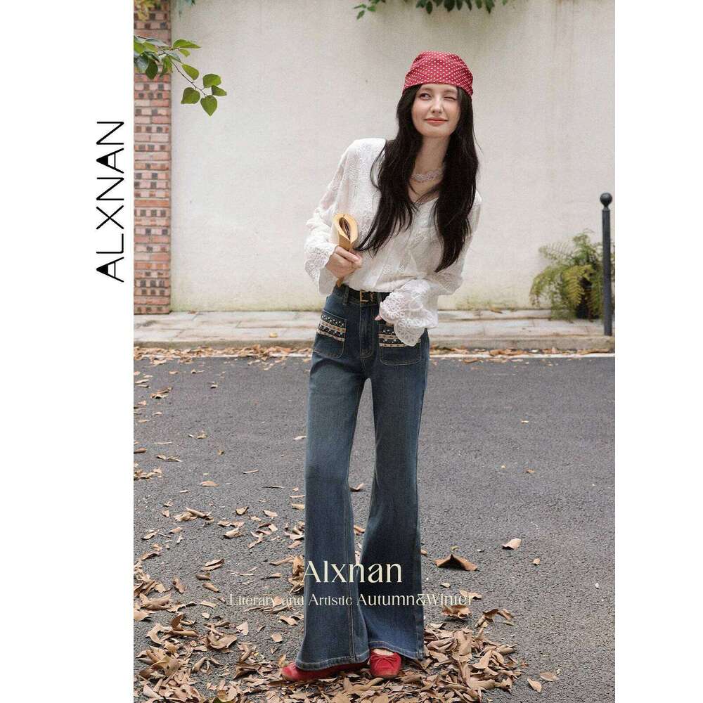 ALXNAN Blue Vintage Jeans High-waist Straight Wide-leg Baggy Pants 2025 Autumn Casual Elegant Office Lady Cotton Trousers L56751 X251224