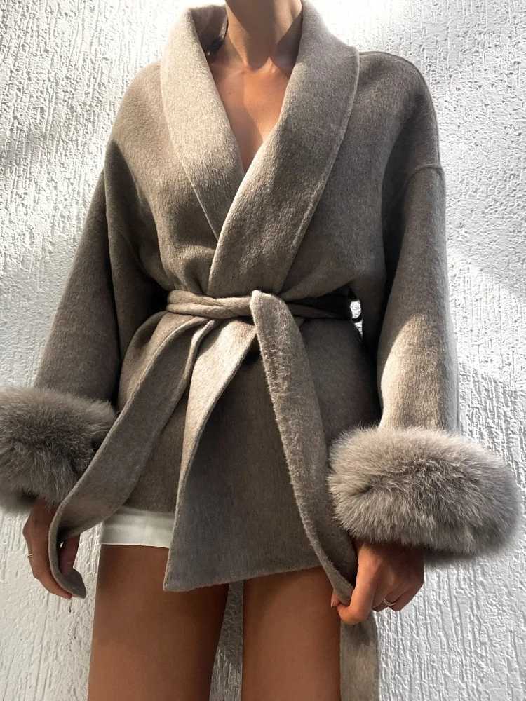 Elegant Lace Up Woolen Short Coat Solid Loose Lapel Furry Belt Long Sleeve Female Jacket 2025 Autumn Winter Lady Chic CardiganT251224