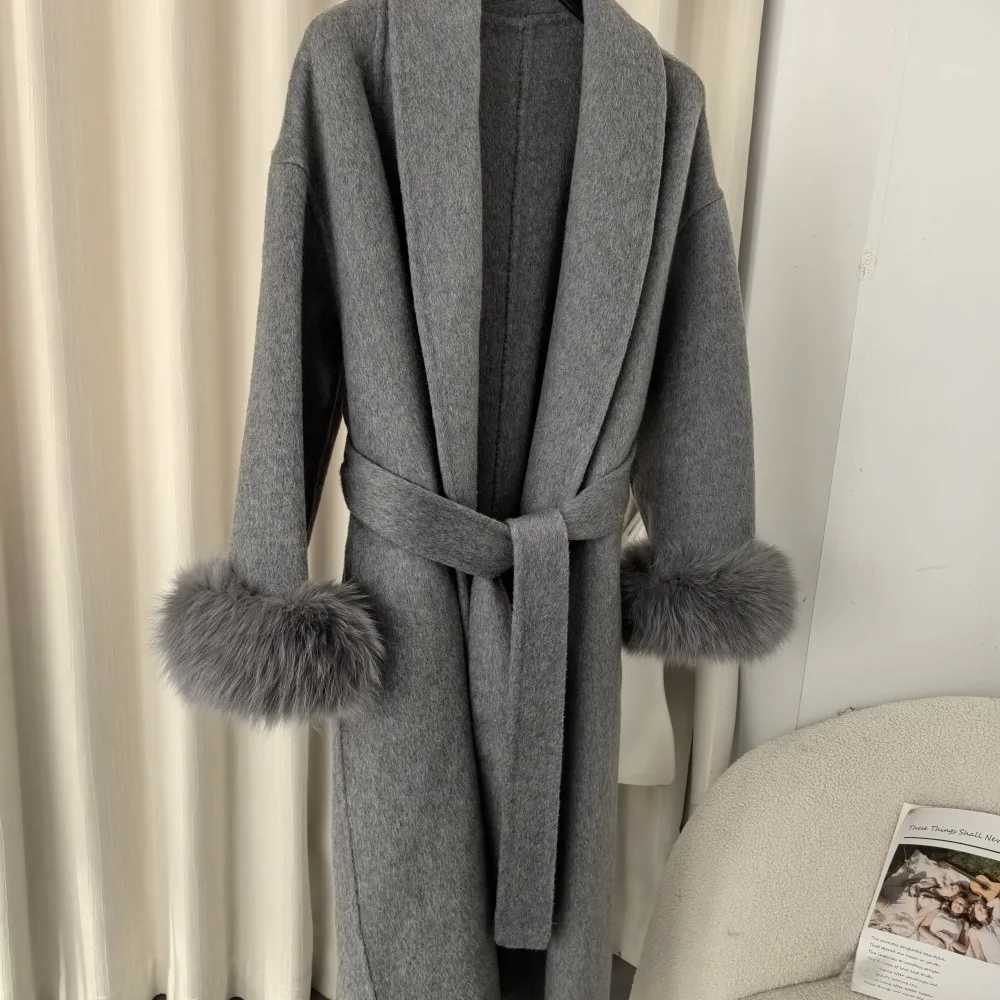 BJTZ Fox Hair Cuffs Double-sided Cashmere Coat Women 2024 Autumn/winter Mid-length Lace-up Loose Coat Fashion SimpleT251224