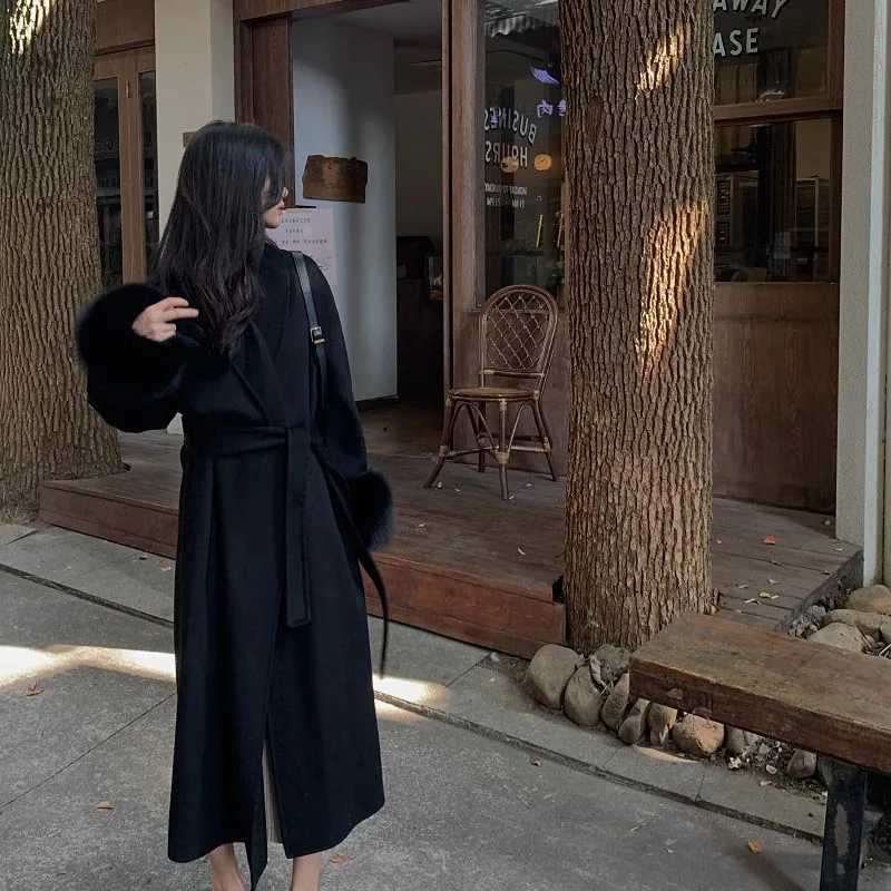 Autumn Winter New Double-Sided Cashmere High Quality Womens Woolen Coat 2025 Fashionable Fox Fur Sleeve Women Woolen Coat H700T251224