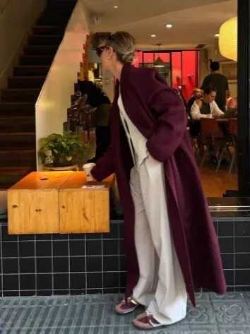 UMI MAO Women Fashion Burgundy Woolen Coat Double Breasted Long Sleeve Lapel Blends Jacket Autumn Winter High Street OuterwearT251224