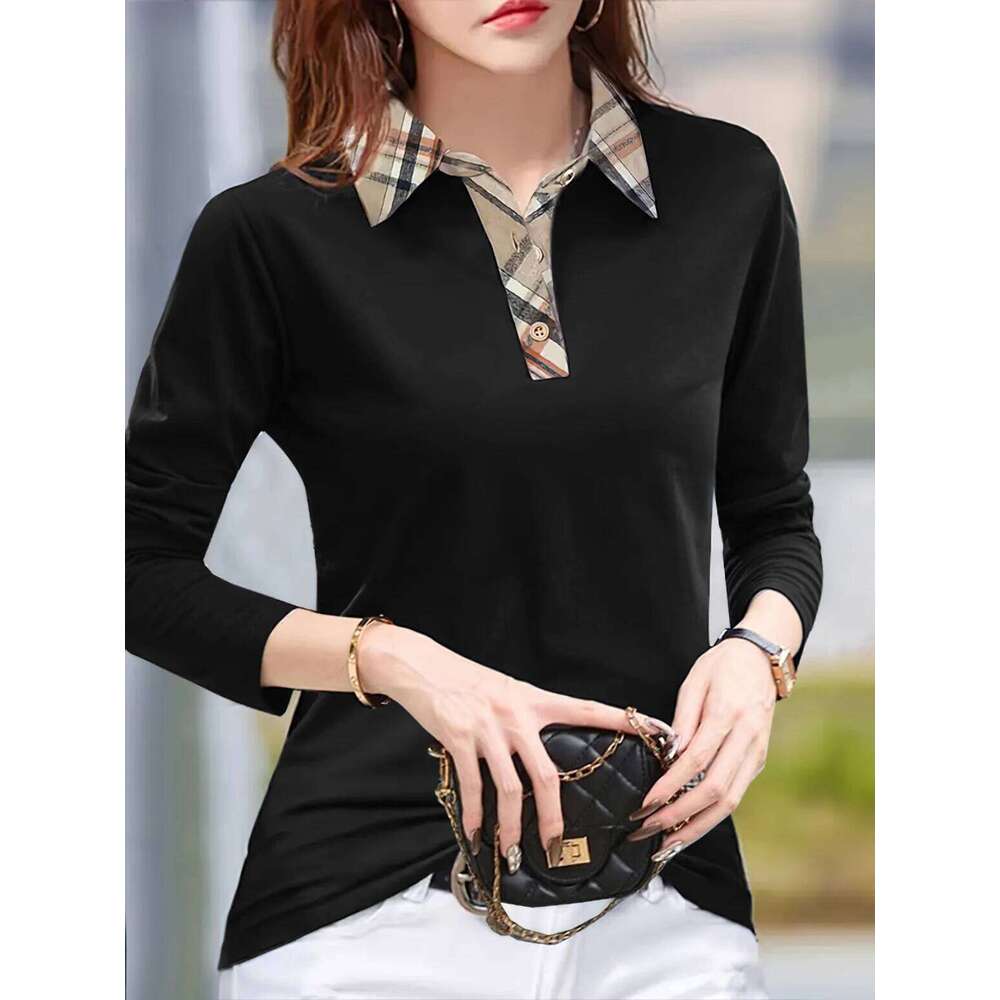Women's Solid Color Long-Sleeved Plaid Collar POLO Shirt, Fashionable And Casual Everyday Wear Knitted Tops. DREAM RECALL