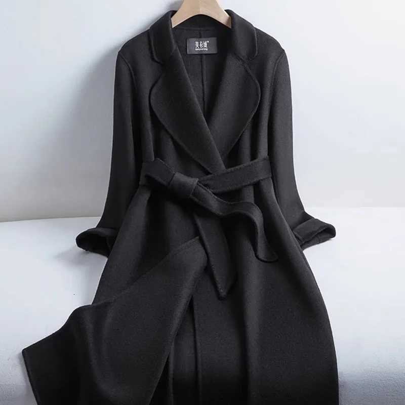 Grey Double-sided Cashmere Coat For women Slim For Autumn Winter New Winter High-end Temperament Thick Woolen Coats With beltT251224