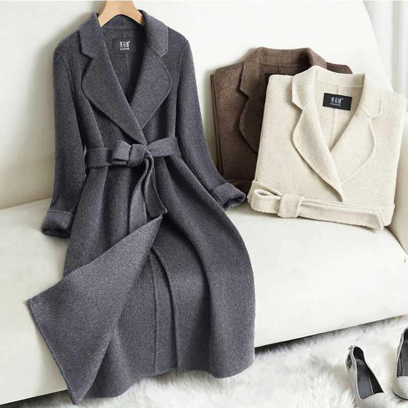 Grey Double-sided Cashmere Coat For women Slim For Autumn Winter New Winter High-end Temperament Thick Woolen Coats With beltT251224
