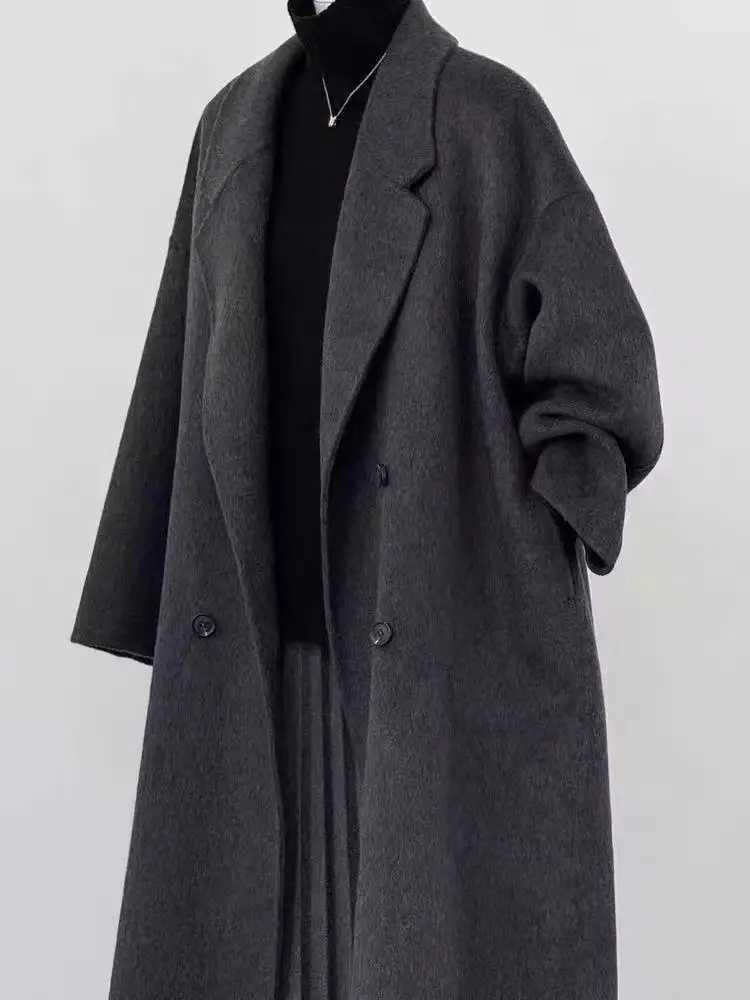 Dark Gray Double-Sided Woolen Coat For Women In Autumn And Winter 2025 New Hepburn Style High-End Mid Length JacketT251224