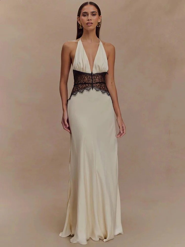 Mozision Summer Backless Sexy Maxi Women Gown Patchwork Lace Halter Deep V Neck Sleeveless High Waist Elegant Long Dress 251223 C260311