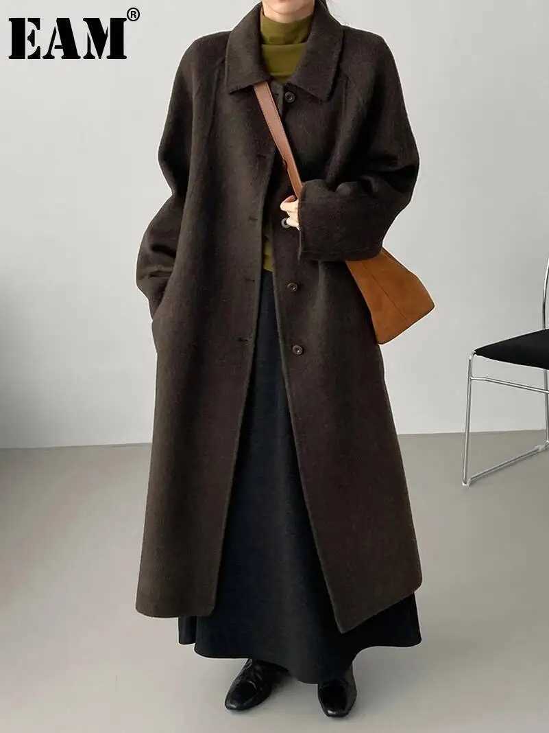 EAM Apricot Big Size Long Woolen Coat New Lapel Long Sleeveloose Fit Women Jacket Fashion Tide Autumn Winter 2025 30A4099T251224