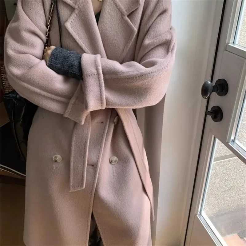 Winter Korean Handmade Double Breasted Long 100 Wool Coat Women Casual Loose Lacing Belt Woolen Overcoat OversizedT251224