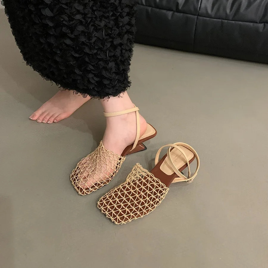2025 Summer Fashion er Sandals Womens Lace Mesh Square Toe Shallow Narrow Strap Braided Slip-on High Heels Sandals251218