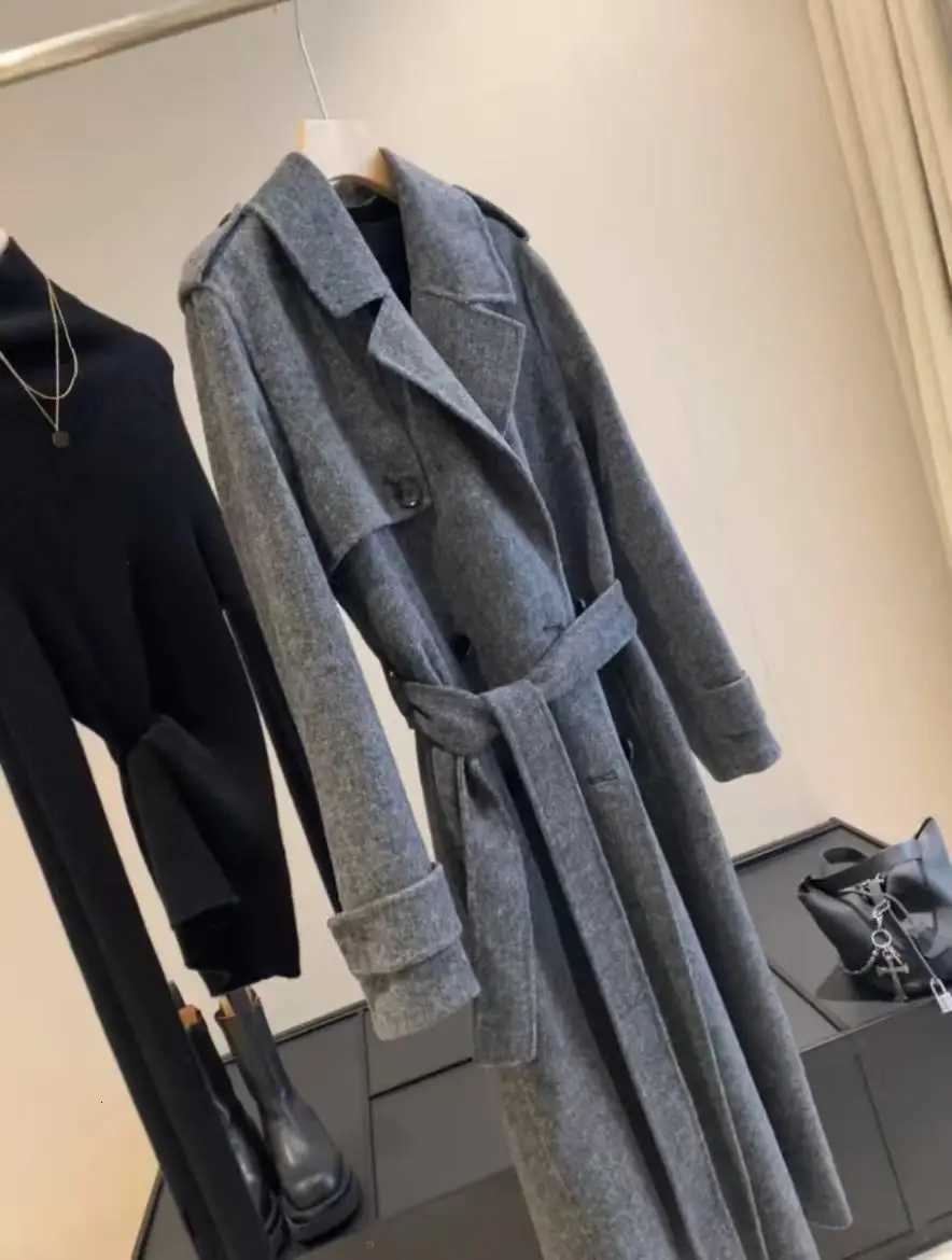 Original Grey 2025 Womens new style wool blend woolen coat with belt double-sided fleece long woolen coatT251224