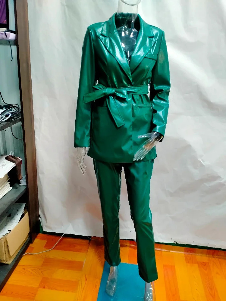Business Casual Two Piece Set Turndown Collar Long Sleeve Pocket PU Leather 2 Piece Outfits Faux Leather Matching Set with Belt 251218 - view 4