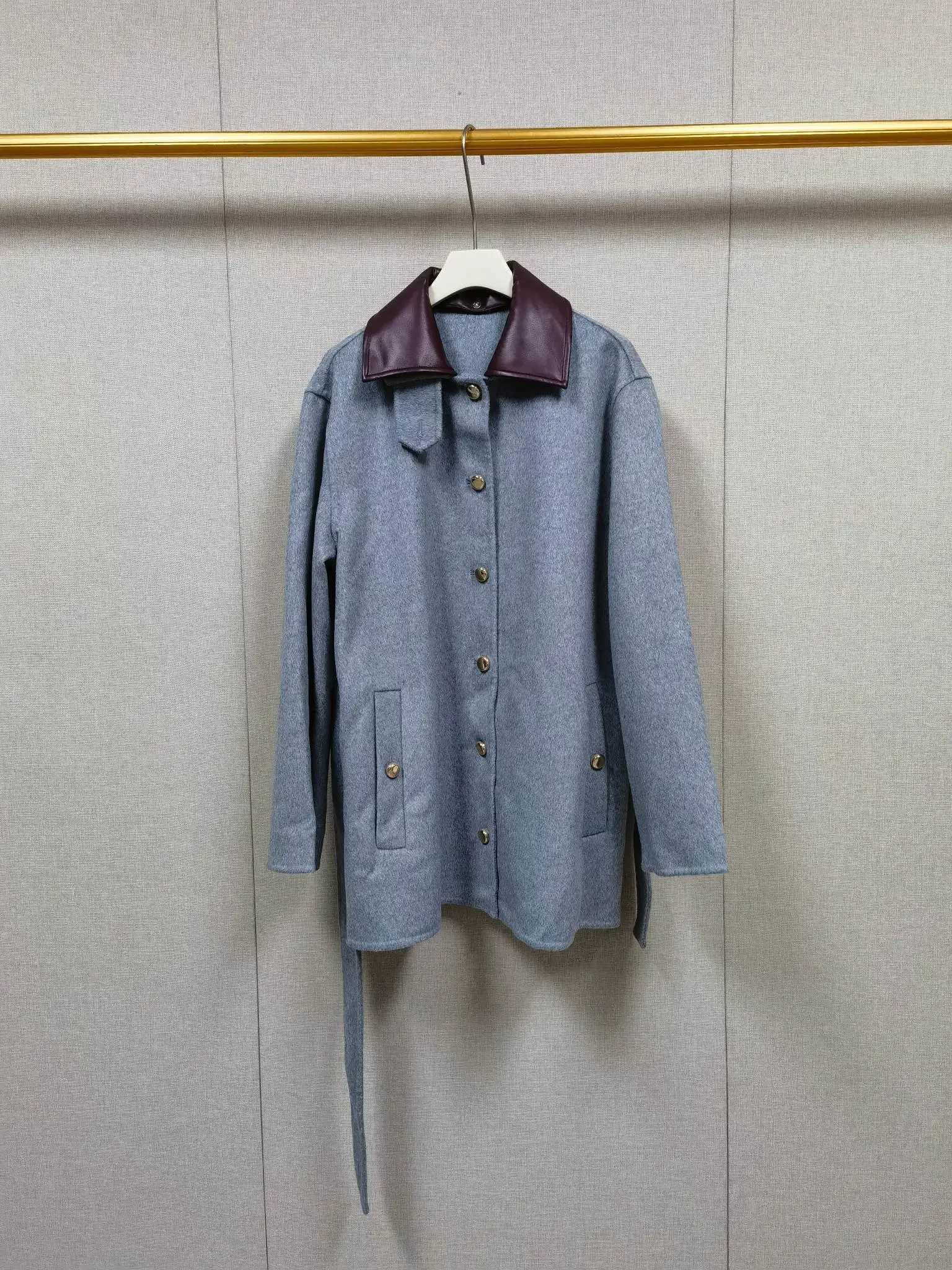 Gray Womens Lace-up Coat Detachable Collar Double-sided Woolen Single Breasted 2025 Autumn Winter Lady JacketT251224