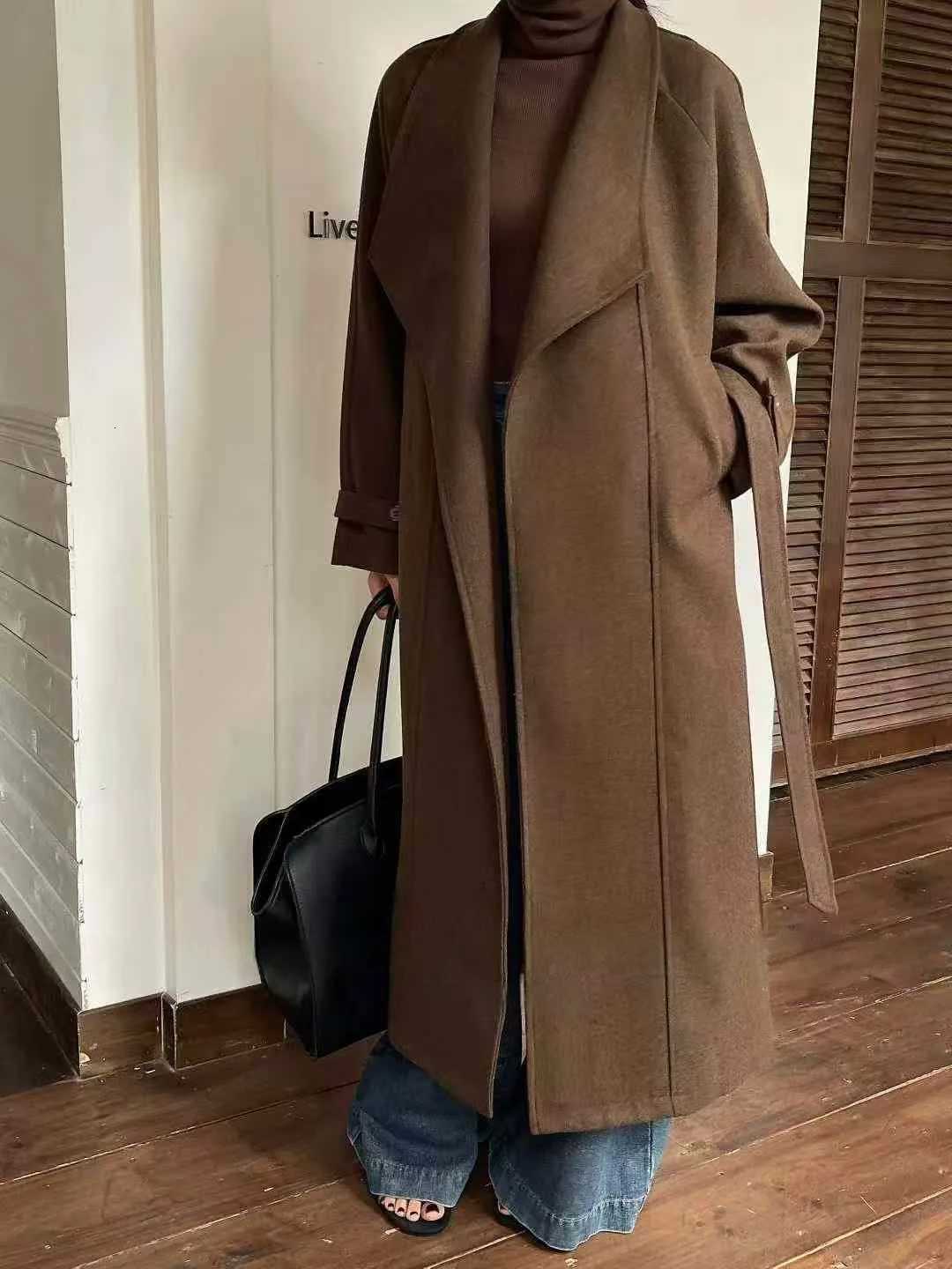 BJTZ Solid Color Big Lapel Designer Long Woolen Jacket For Woman 2025 Autumn Winter New Trend Belted Tie-waist Wool CoatT251224