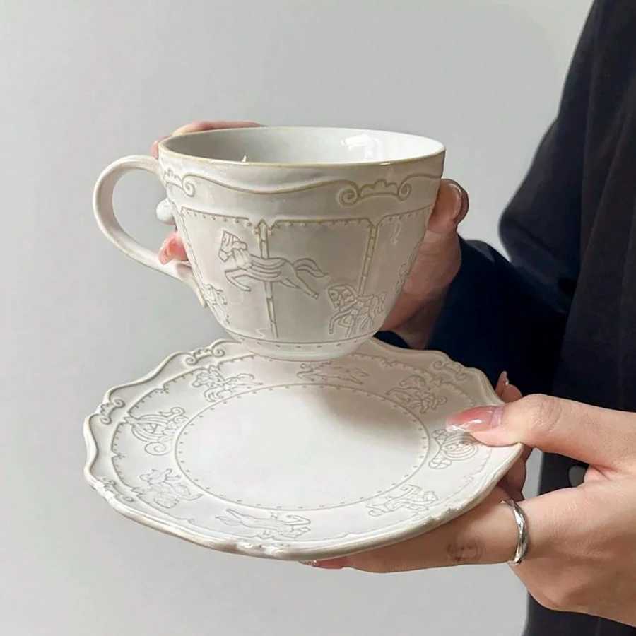 Nordic Style White Ceramic Coffee Cups Set Carousel Design Cups Set with Teapot with Plate Breakfast Milk Cup Excellent Gift C251224 - view 5