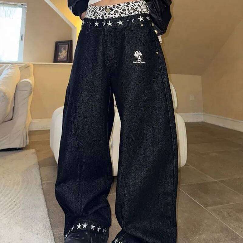 Harajuku American oversized leopard print waist splicing high waisted jeans women y2k hot girls niche star wide-leg pants 22ss X251224
