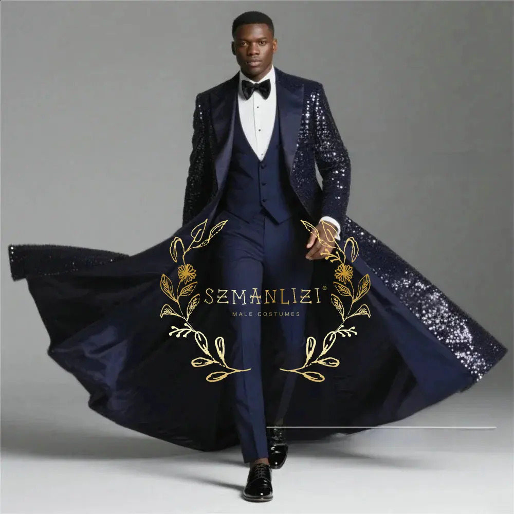 Burgundy Shiny Sequin Suits Men 3 Pieces Sets Single Breasted Groom Long Blazer Costume Homme Wedding Tuxedo Male Clothing 251223