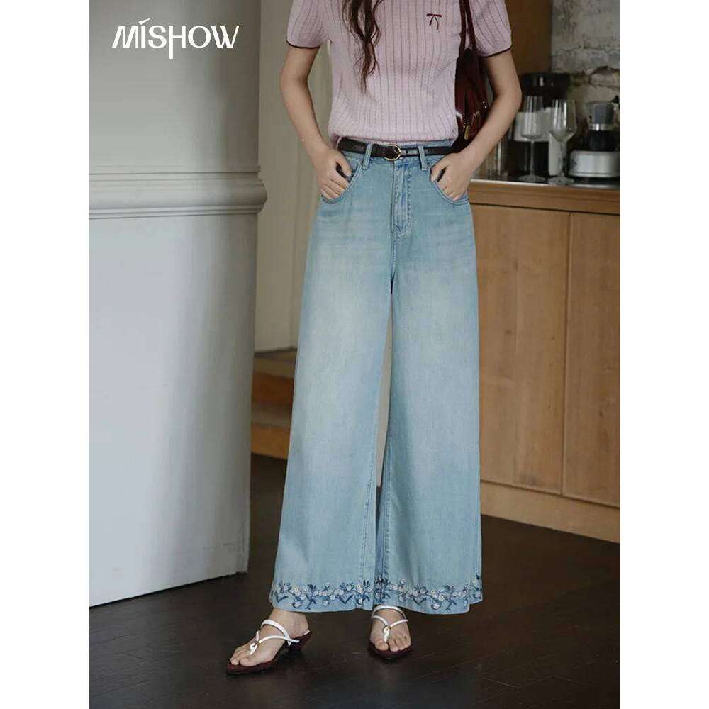 MISHOW Women Flower Embroidery Wide Leg Pants 2025 Summer Office Lady Fashion High Waist Slim Jeans Female Clothing MXE37K0991 X251224