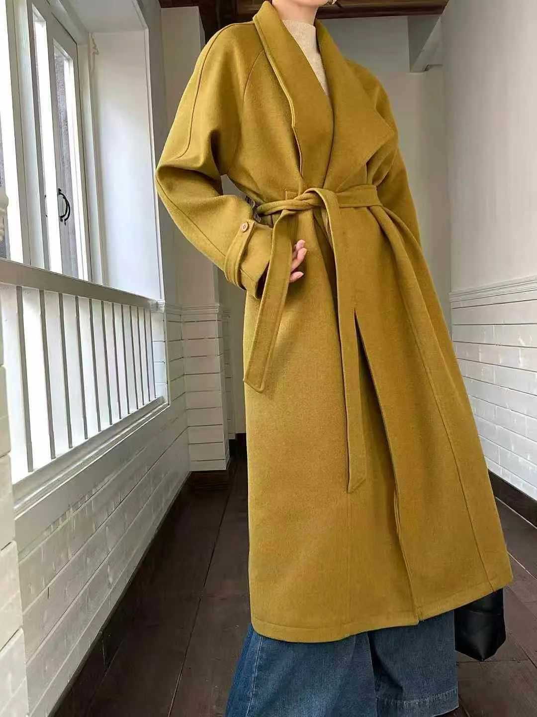 BJTZ Solid Color Big Lapel Designer Long Woolen Jacket For Woman 2025 Autumn Winter New Trend Belted Tie-waist Wool CoatT251224