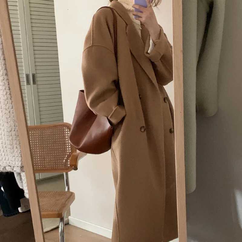 Autumn Winter Womens Elegant Woolen Warm Jacket Coat Fashion Medium Long Camel New In Trench CoatsT251224