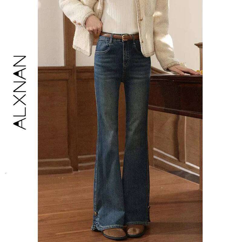 ALXNAN Vintage Blue Jeans Women's Flared Straight Cotton Denim 2025 Fall Office Lady Elegant Slim-fit Female Pants L57873 X251224