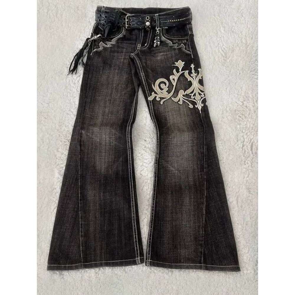 HOUZHOU Vintage Embroidery Patchwork Women Flared Jeans Y2k Harajuku Wide Leg American Style Denim Pants Baggy Punk Streetwear X251224