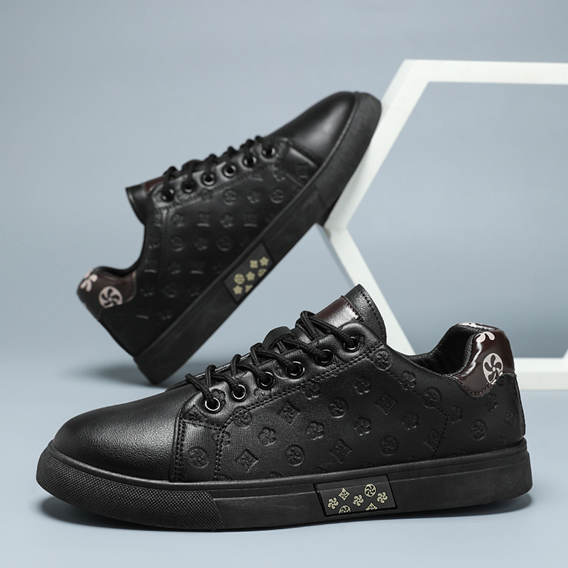 Free shipping men's black leather sneakers embossed pattern premium material comfortable stylish versatile daily wear fashionable athletic casual