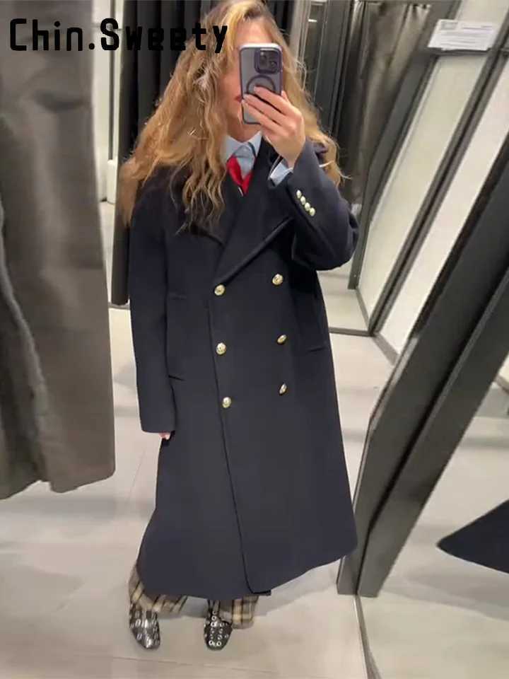 Fashion Lapel Dark Blue Long Woolen Blend Coat Women Double Breast Long Sleeve Chic Overcoat 2026 Spring Lady Outwears NewT251224