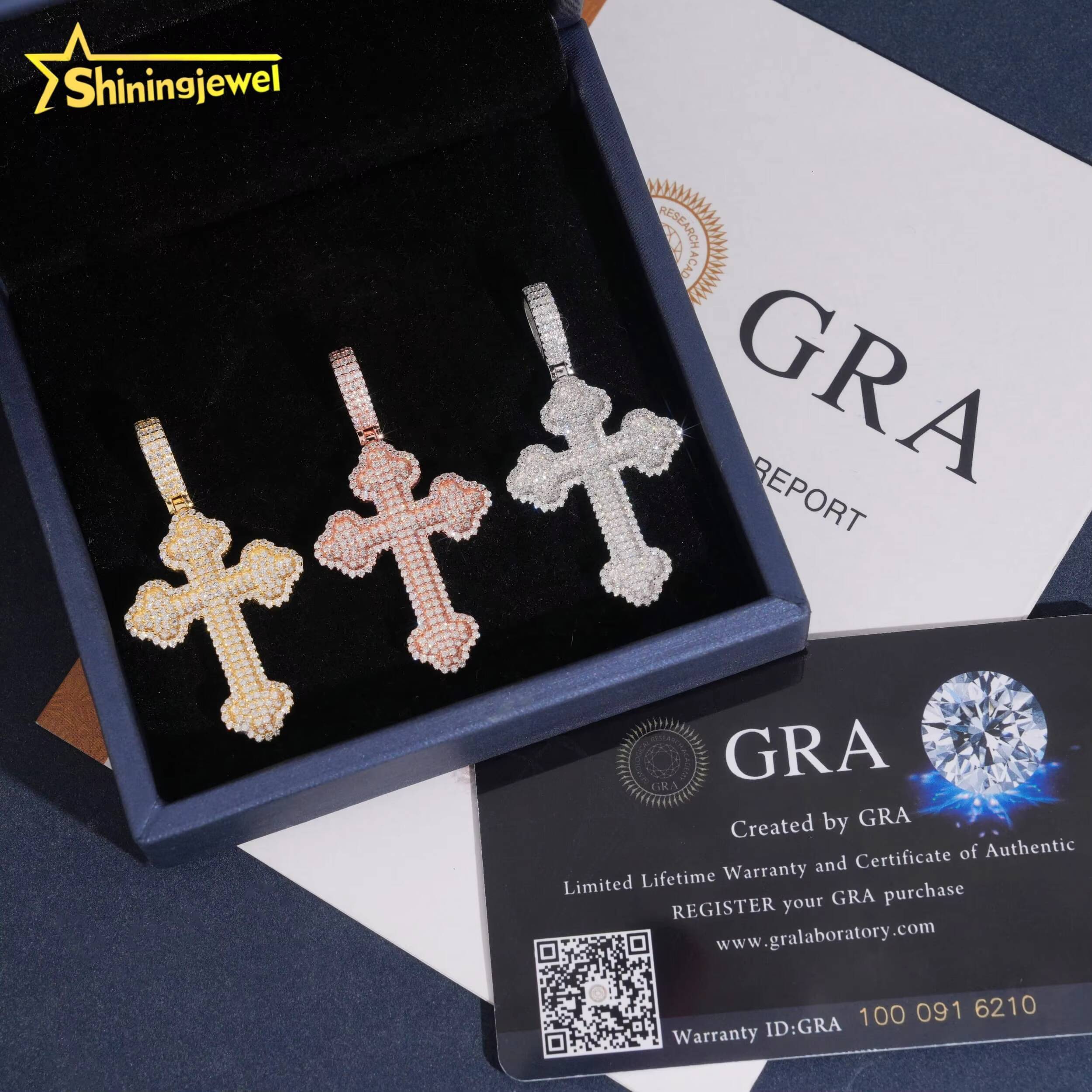 Fine Jewelry Iced Out 925 Silver GRA Certificate Rose Gold Mens Hip Hop Moissanite Cross Pendant