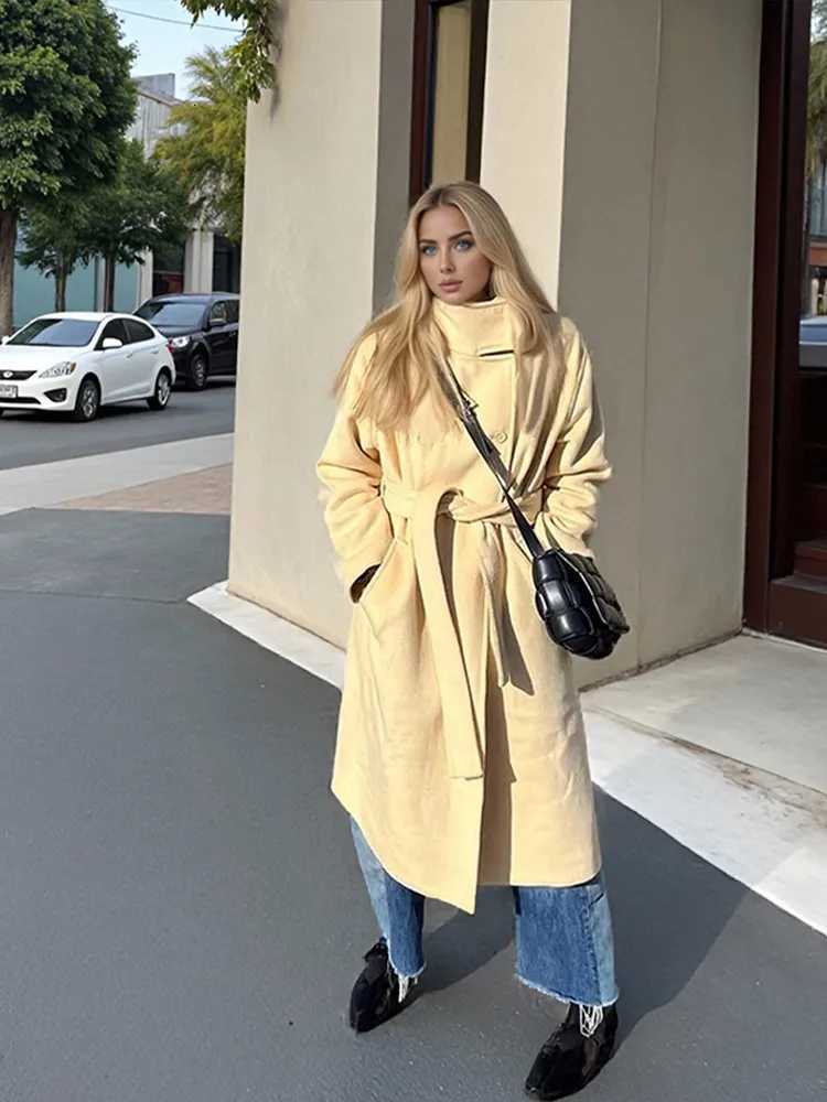 Fashion Turtleneck Lace Up Overcoat Women Elegant Yellow Casual Stand Collar Pocket Loose Outerwears Lady Commute Office JacketT251224