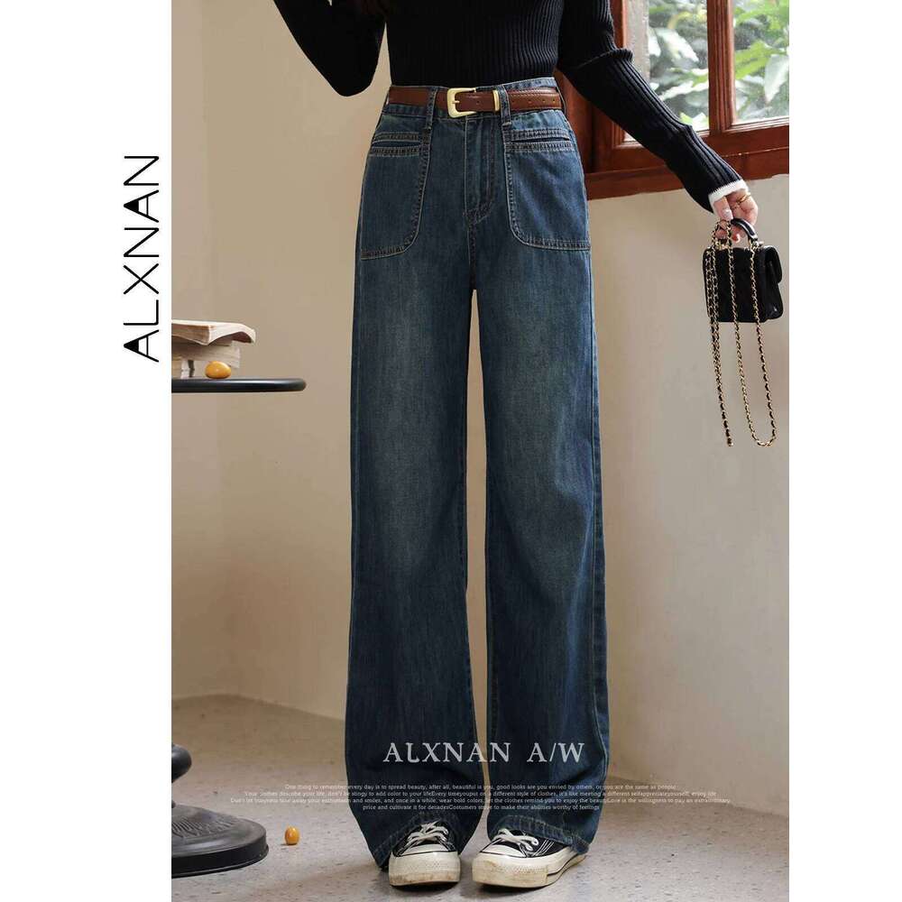 AlXNAN Women's Vintage Denim Blue High Waist Baggy Jeans 2025 Spring New Casual Loose Wide Leg Long Pants Ladies LXN320106 X251224
