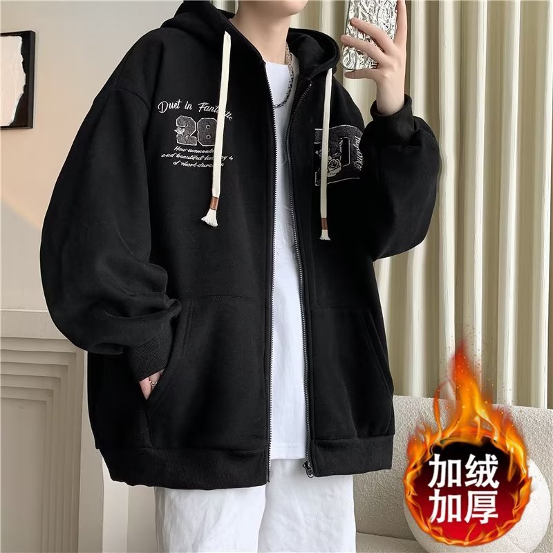Apricot Letter Embroidered Fleece Hoodie for Men, Retro American Style, Trendy Couples' Outerwear for Spring & Autumn