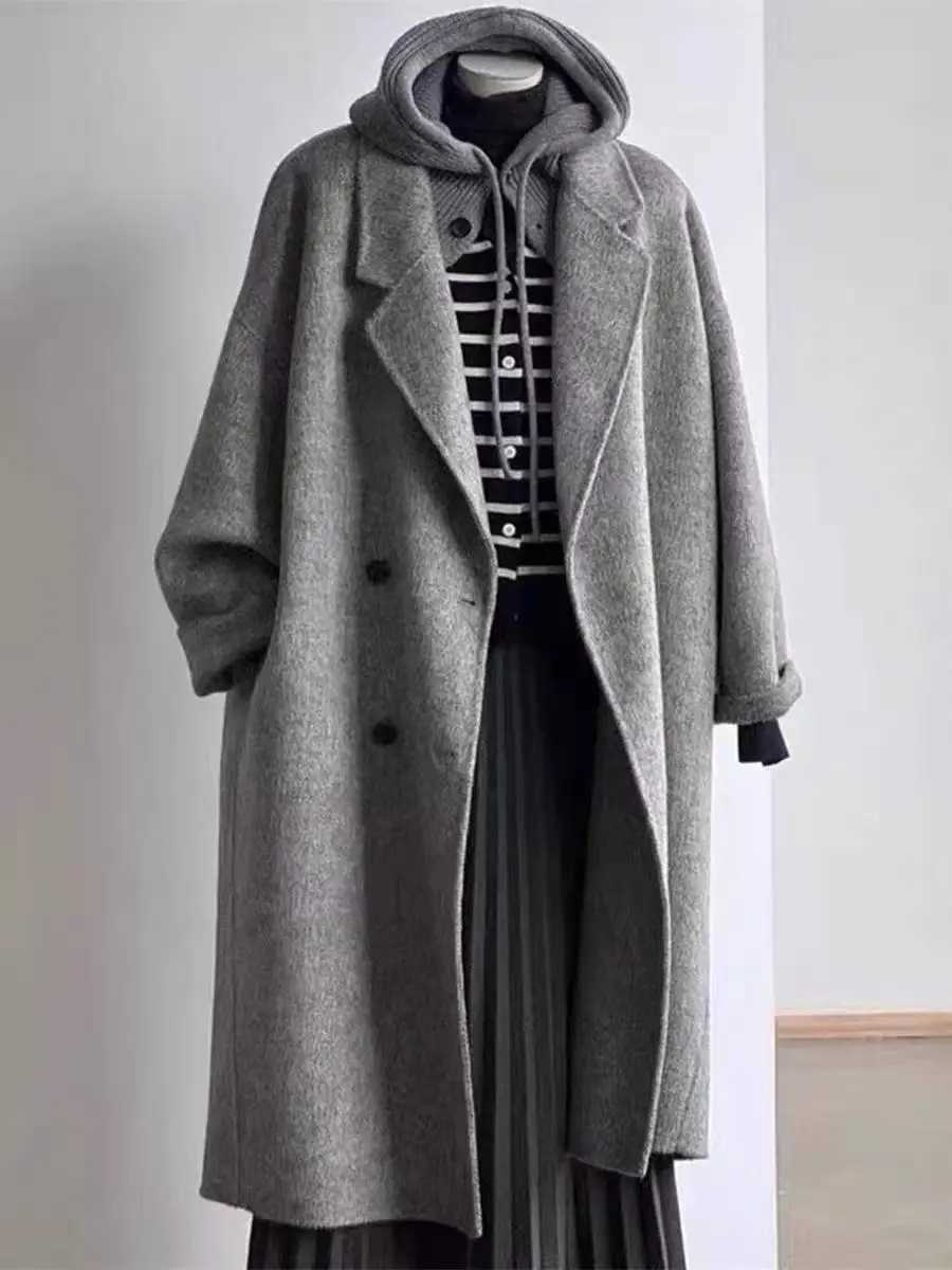 Dark Gray Double-Sided Woolen Coat For Women In Autumn And Winter 2025 New Hepburn Style High-End Mid Length JacketT251224