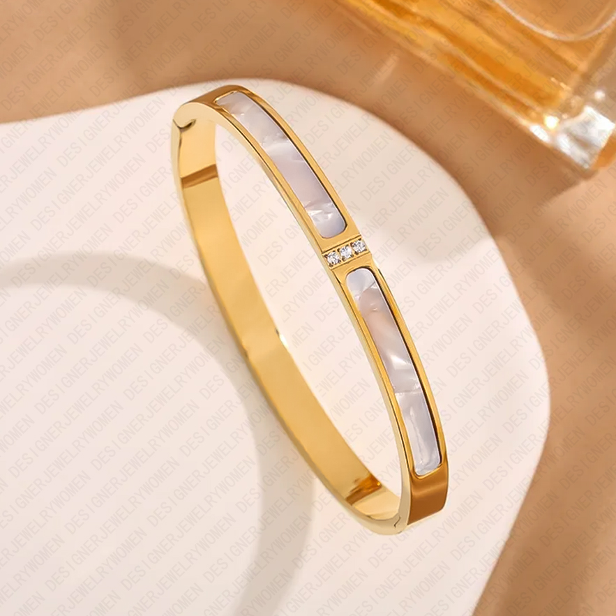 Designer Bracelet for Women Stainless Steel 18K Gold Plated Bangle Double Sided Round Shell Bangles Luxury Jewlery Designer for Women Elegant Timeless
