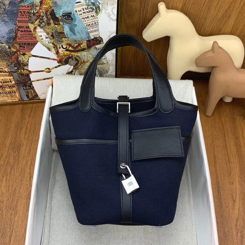 10A new top leather women's bag hand waxed line designer splicing canvas bucket classic simple handheld tote shoulder fashion casual cowhide brand wholesale gift box