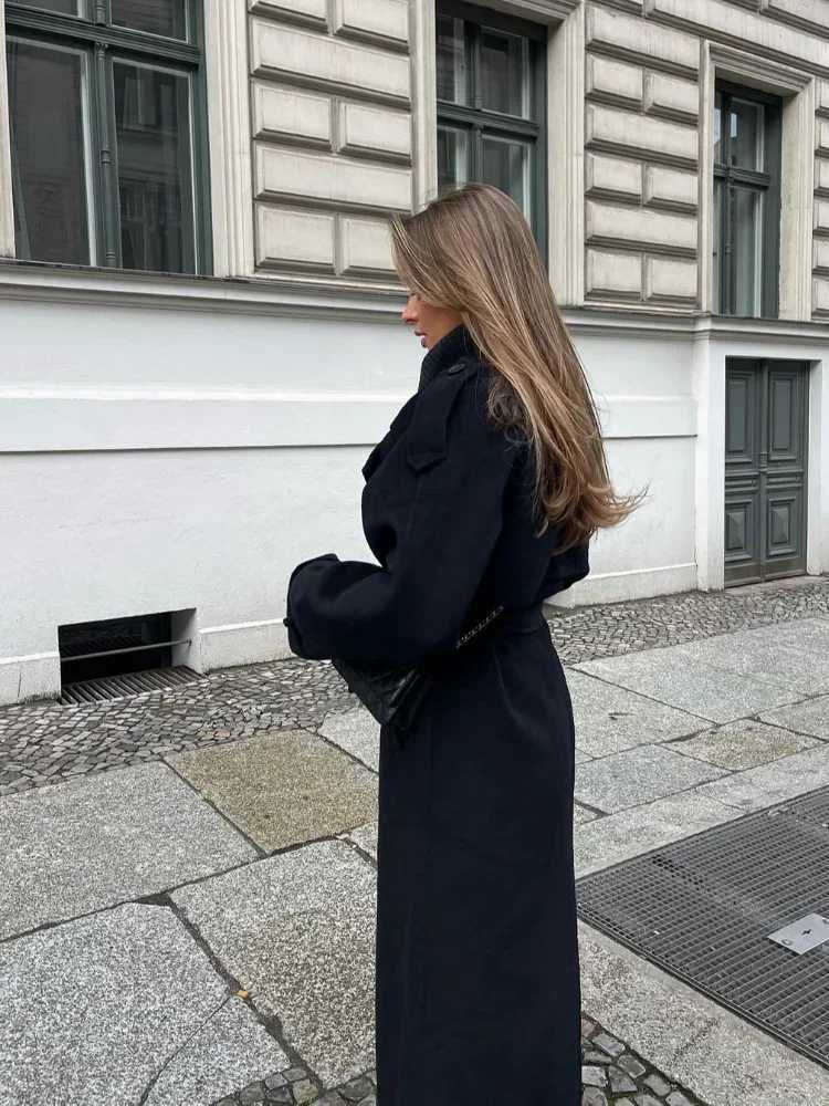 Fashion With Belt Black Woolen Long Coat For Women Oversize Loose Double Button Lapel Overcoat Autumn Lady High Street OuterwearT251224