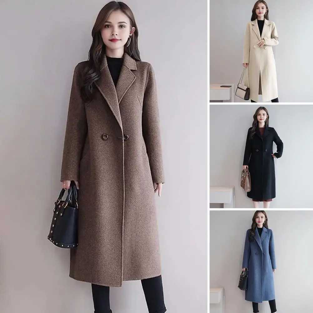 Winter Mid-length Women Overcoat Solid Color Double-breasted Turn-down Collar Coat Thermal Long Sleeve Wool Jacket With PocketsT251224