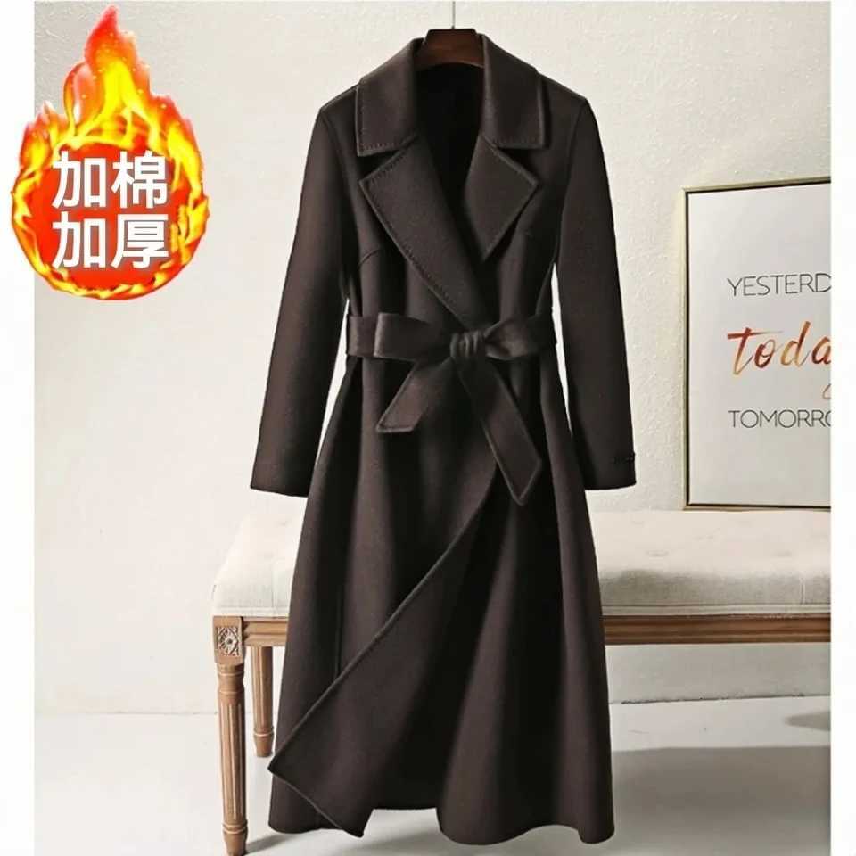 Red Wool Jacket Womens Clothing 2025 Autumn Winter New Fashion Slim Temperament Jacket With belt Female Casual Long OvercoatT251224