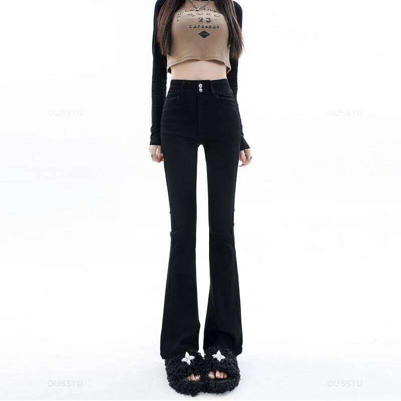 Women Jeans Cotton Denim Flared Pants Elastic Force Vintage Streetwear High Waist Slim Mom Harajuku Trousers Plus Length X251224