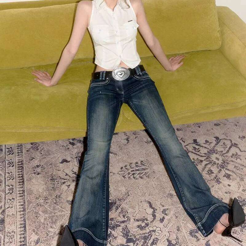 y2k Vintage Women Low Waist Zipper Button Solid Trousers with Pockets Aesthetic Streetwear Washed Jeans X251224