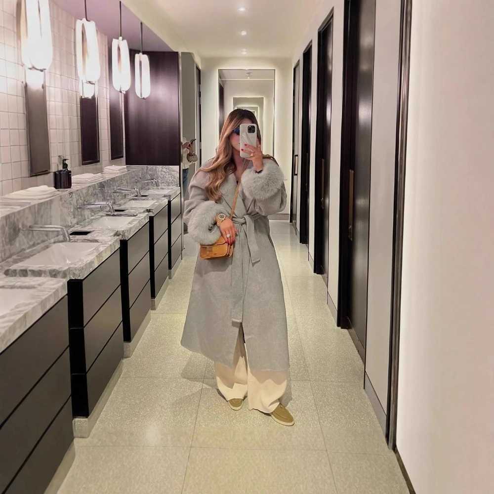 TWOTWINSTYLE Elegant Patchwork Lace Up Slim Coat for Women Lapel Long Sleeve with Feather Temperament Wool Trench Female AutumnT251224