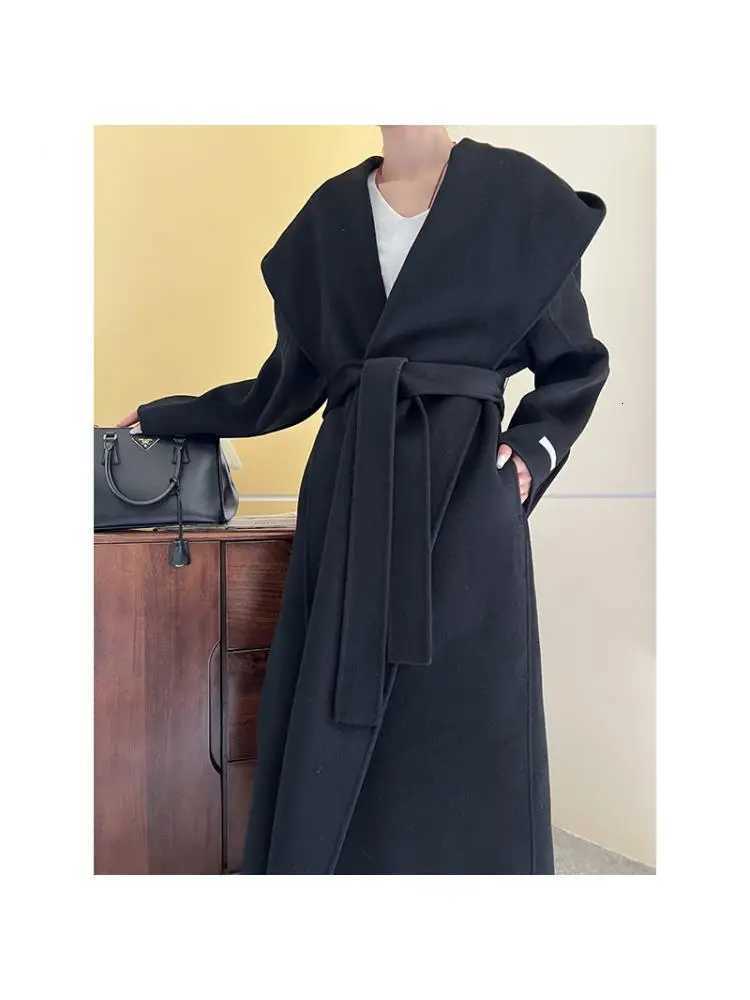 Office Lady Cashmere Woolen Blended Hooded Jackes 2025 Autumn And Winter Loose Bathrobe Lace-Up Tie Womens Long Wool CoatsT251224