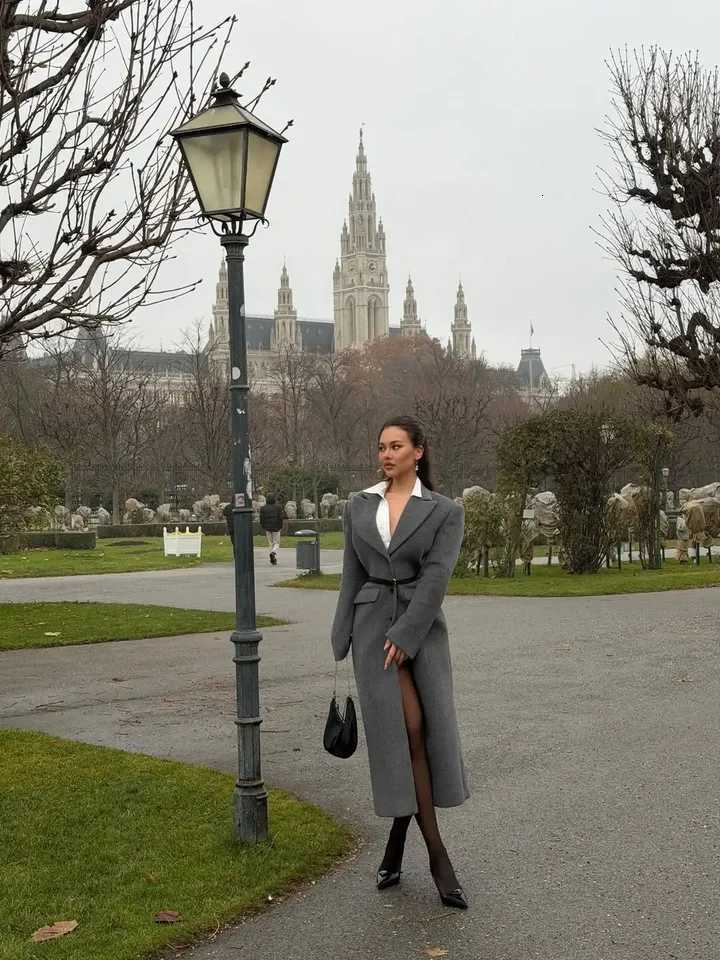 Grey Lapel Long Woolen Blend Overcoat Women Elegant Full Sleeve Single Breasted Waist Cinching Coat Lady Daily Street OuterwearT251224