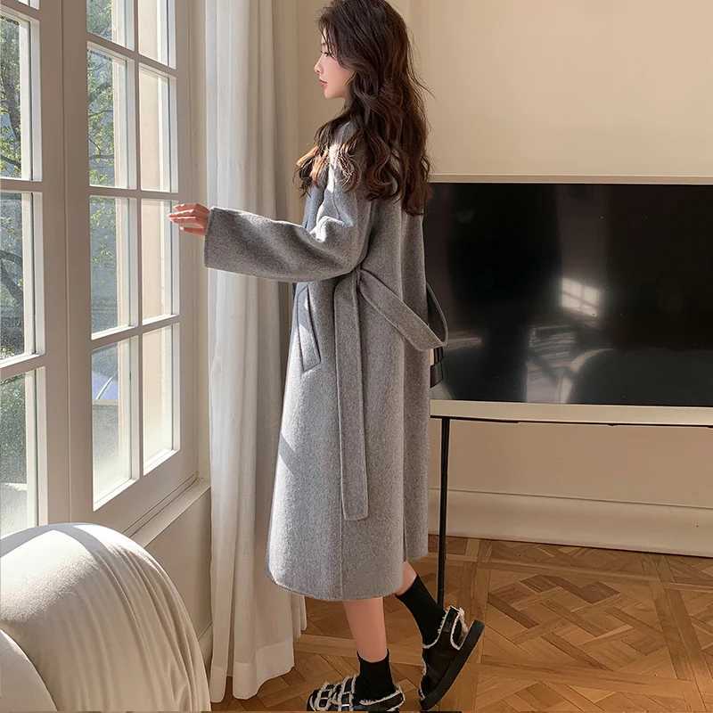 Grey Double Breasted Woolen Coat For Women Winter New Fashionable And Simple Temperament Design Lace-up Mid-length Wool CoatsT251224