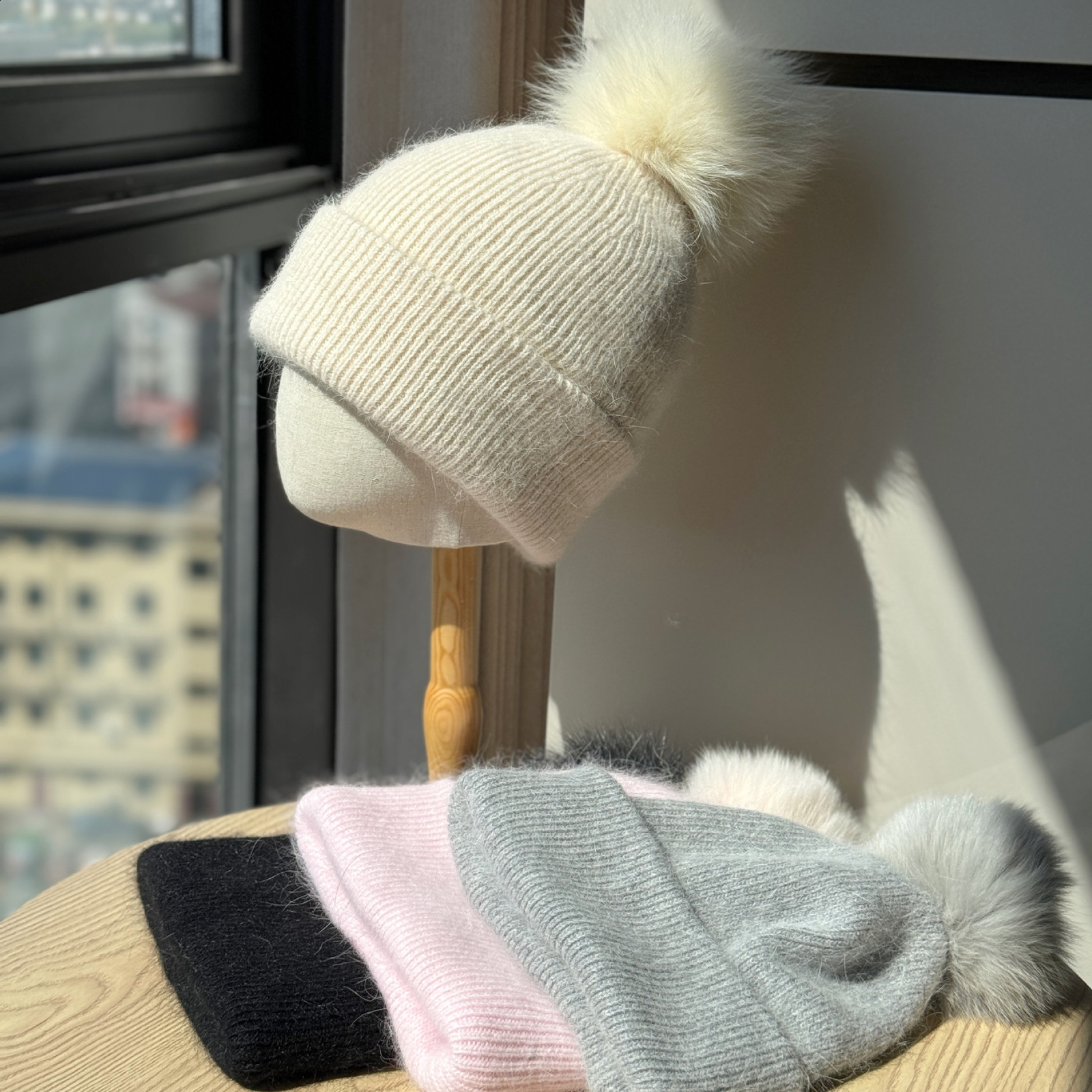 New Style Fox Fur Ball Hat for Women Winter Solid Color Woolen Thread Hat Face Slimming Ear Protection Knitted Thickened Warmth Cold Protection