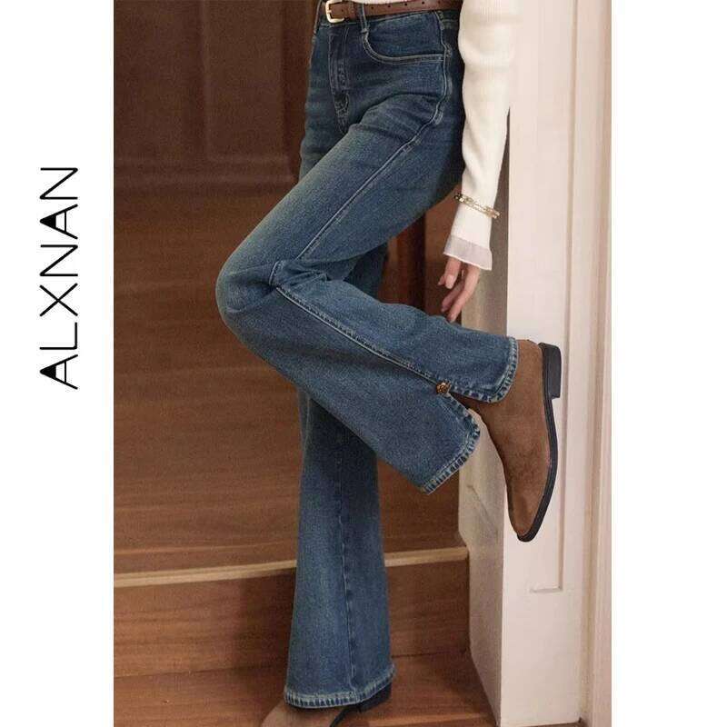 ALXNAN Vintage Blue Jeans Women's Flared Straight Cotton Denim 2025 Fall Office Lady Elegant Slim-fit Female Pants L57873 X251224