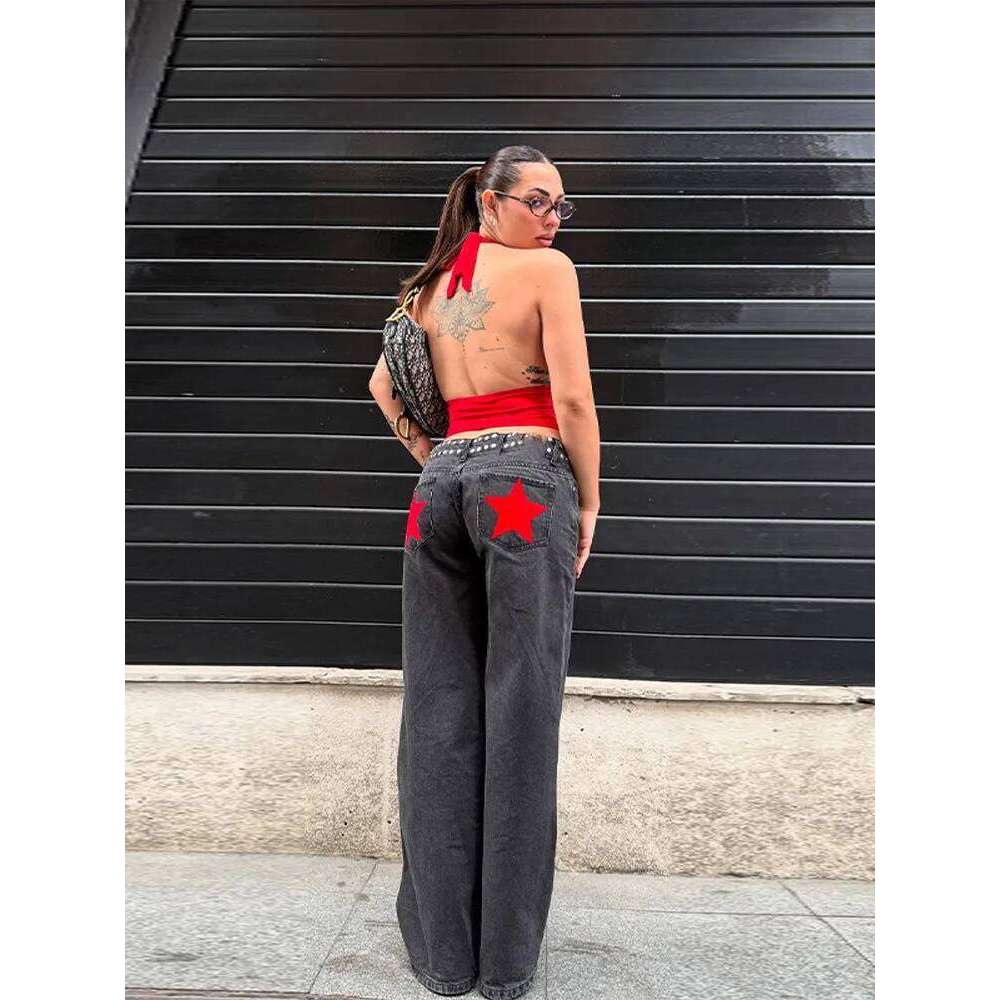 Aesthetic Star Pattern Print Loose Straight Leg Denim Long Pants Women's Y2k Vintage Jeans Casual Low Waist Trousers 2025 X251224