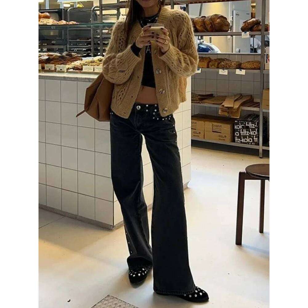 HOUZHOU Y2k Black Vintage Leopard Star Patchwork Women Jeans Punk Rivet American Style Straight Denim Trousers Baggy High Street X251224