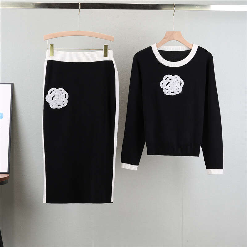 Women's Two-Piece Skirt and Top Set, Preppy Knit Sweater With Long-Sleeve Round-Neck Top and Knee-Length Low-Waist Skirt - Beige/Cream and Black, Flor - view 8